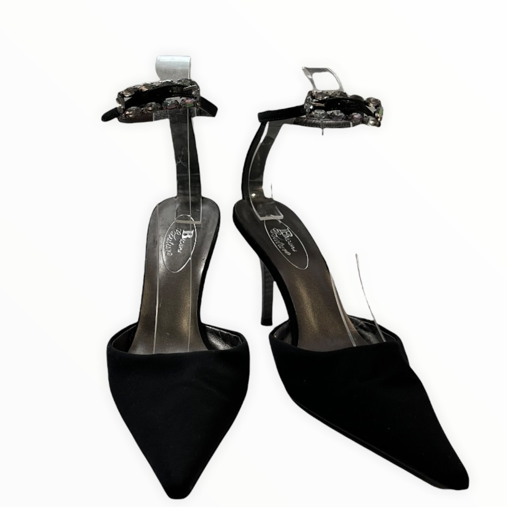 BLACK SATIN RHINESTONE ANKLE STRAPPED EVENING SHOE BY BROWNS